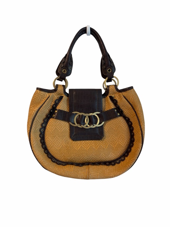 Maxximum Handbags - Golden Tan Woven Shoulder Bag with Dark Brown Trim and Ring Hardware